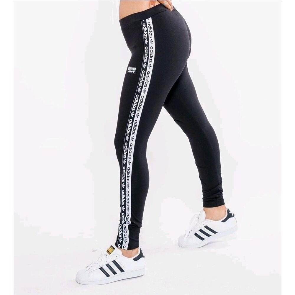 Rare ADIDAS Originals Training Leggings Trefoil Spellout Tape Black Sz M Htf EuC